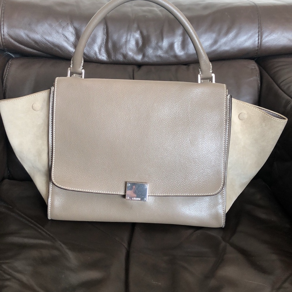 Celine taupe suede and leather medium trapeze bag.